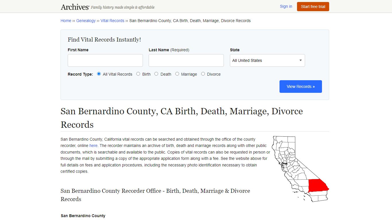 San Bernardino County, CA Birth, Death, Marriage, Divorce Records